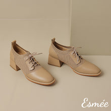 將圖片載入圖庫檢視器 Khaki-Leather-High-Heel-Oxford-Shoes-with-Fabrics-Design-product-shots
