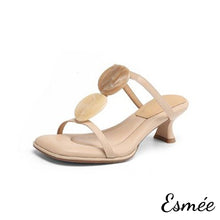 將圖片載入圖庫檢視器 Khaki-Leather-High-Heel-Sandals-with-Marble-Coin-Design-product-shots-white-background
