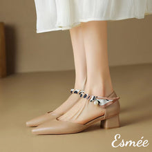 Load image into Gallery viewer, Khaki-Leather-High-Heel-Sandals-with-Special-Ankle-Straps-and-Pointy-Toe-Design-model-shots
