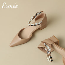 Load image into Gallery viewer, Khaki-Leather-High-Heel-Sandals-with-Special-Ankle-Straps-and-Pointy-Toe-Design-product-shots
