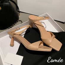 Load image into Gallery viewer, Khaki-Leather-High-Heel-Sandals-with-Square-Toe-Design-product-shots
