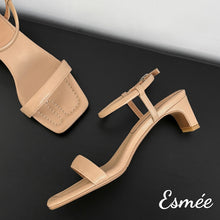 Load image into Gallery viewer, Khaki-Leather-High-Heel-Sandals-with-Square-Toe-Design-product-shots
