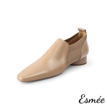 將圖片載入圖庫檢視器 Khaki-Leather-High-Heel-Slip-On-Shoes-with-Fabrics-Design-product-shots-white-background
