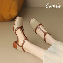 Load image into Gallery viewer, Khaki-Leather-High-Heel-T-Straps-Sandals-with-Dual-Color-Design-model-shots
