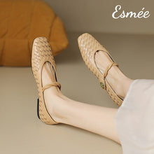 Load image into Gallery viewer, Khaki-Leather-Maryjanes-with-Woven-Design-model-shots
