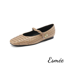 Load image into Gallery viewer, Khaki-Leather-Maryjanes-with-Woven-Design-product-shots-white-background
