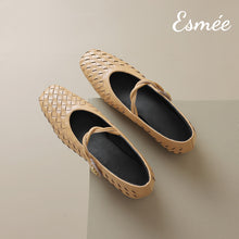 Load image into Gallery viewer, Khaki-Leather-Maryjanes-with-Woven-Design-product-shots
