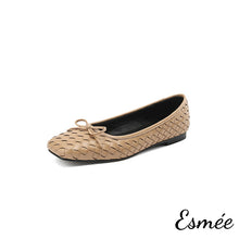 將圖片載入圖庫檢視器 Khaki-Leather-Squared-Toe-Flats-with-Woven-Design-product-shots-white-background
