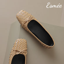 Load image into Gallery viewer, Khaki-Leather-Squared-Toe-Flats-with-Woven-Design-product-shots
