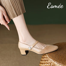 Load image into Gallery viewer, Khaki-Leather-Suede-High-Heel-Mary-Janes-with-Pearl-Button-Design-model-shots
