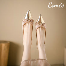 Load image into Gallery viewer, Khaki-Net-Flats-with-Golden-Toe-Cap-and-Bow-Knot-model-shots
