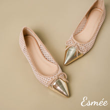 Load image into Gallery viewer, Khaki-Net-Flats-with-Golden-Toe-Cap-and-Bow-Knot-product-shots
