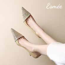 Load image into Gallery viewer, Khaki-Patent-Leather-High-Heels-with-Glitter-Toe-Cap-Design-model-shots
