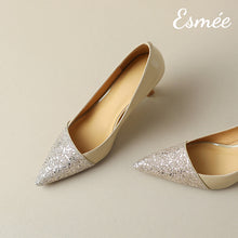 Load image into Gallery viewer, Khaki-Patent-Leather-High-Heels-with-Glitter-Toe-Cap-Design-product-shots
