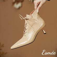 Load image into Gallery viewer, Khaki-Shiny-Leather-High-Heel-Marten-Boots-with-5cm-Stiletto-product-shots
