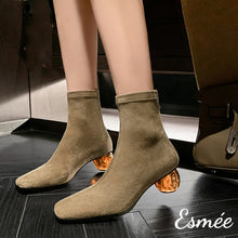 Load image into Gallery viewer, Khaki-Suede-Ankle-Boots-with-Round-Transparent-Heels-model-shots
