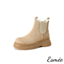 Load image into Gallery viewer, Khaki-Suede-Chelsea-Boots-with-Sheep-Hair-Design-product-shots-white-background
