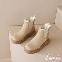 Load image into Gallery viewer, Khaki-Suede-Chelsea-Boots-with-Sheep-Hair-Design-product-shots
