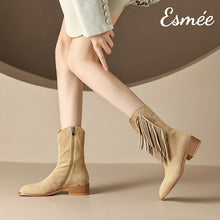 Load image into Gallery viewer, Khaki-Suede-Cowboy-Boots-with-Vassel-Design-model-shots
