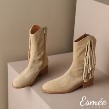 Load image into Gallery viewer, Khaki-Suede-Cowboy-Boots-with-Vassel-Design-product-shots
