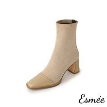 Load image into Gallery viewer, Khaki-Suede-High-Heel-Ankle-Boots-with-Leather-Toe-Cap-product-shots-white-background
