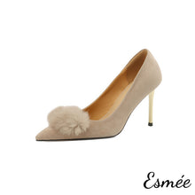 Load image into Gallery viewer, Khaki-Suede-High-Heels-with-Fuzz-Ball-Design-product-shots-white-background
