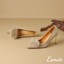 Load image into Gallery viewer, Khaki-Suede-High-Heels-with-Fuzz-Ball-Design-product-shots
