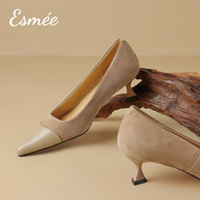 Load image into Gallery viewer, Khaki-Suede-High-Heels-with-Leather-Toe-Cap-product-shots
