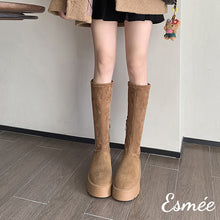 Load image into Gallery viewer, Khaki-Suede-Snow-Long-Boots-with-Platform-Design-model-shots
