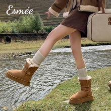 Load image into Gallery viewer, Khaki-Thick-Platform-Suede-Snow-Boots-with-Sheep-Hair-Design-model-shots
