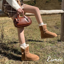 Load image into Gallery viewer, Khaki-Thin-Platform-Suede-Snow-Boots-with-Sheep-Hair-Design-model-shots
