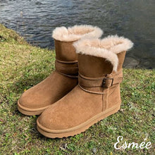 Load image into Gallery viewer, Khaki-Thin-Platform-Suede-Snow-Boots-with-Sheep-Hair-Design-product-shots
