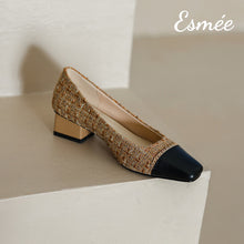 Load image into Gallery viewer, Khaki-Tweed-Fabrics-High-Heels-with-Chain-Design-product-shots
