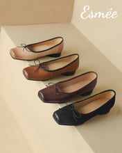 Load image into Gallery viewer, Leather-Squared-Toe-Ballets-with-Vintage-and-Bow-Knot-Design-product-shots
