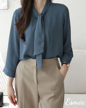 Load image into Gallery viewer, Marine-Blue-Korean-Chiffon-Blouse-with-Bow-Knot-Tie-Design-model-shots-1
