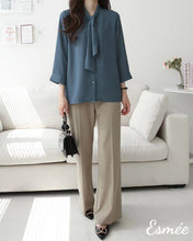 Load image into Gallery viewer, Marine-Blue-Korean-Chiffon-Blouse-with-Bow-Knot-Tie-Design-model-shots-4
