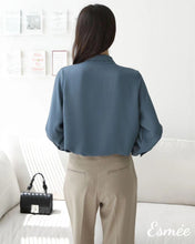 Load image into Gallery viewer, Marine-Blue-Korean-Chiffon-Blouse-with-Bow-Knot-Tie-Design-model-shots-5
