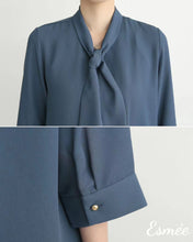 Load image into Gallery viewer, Marine-Blue-Korean-Chiffon-Blouse-with-Bow-Knot-Tie-Design-model-shots-6
