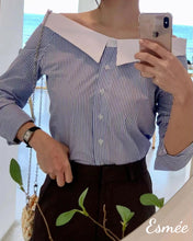 Load image into Gallery viewer, Navy-Korean-Cotton-Striped-Shirt-with-White-Lapel-and-Off-Shoulder-Design-model-shots-1
