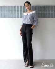 Load image into Gallery viewer, Navy-Korean-Cotton-Striped-Shirt-with-White-Lapel-and-Off-Shoulder-Design-model-shots-4
