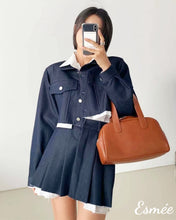 Load image into Gallery viewer, Navy-Korean-Denim-Jacket-with-Contrast-Layering-Design-model-shots-1
