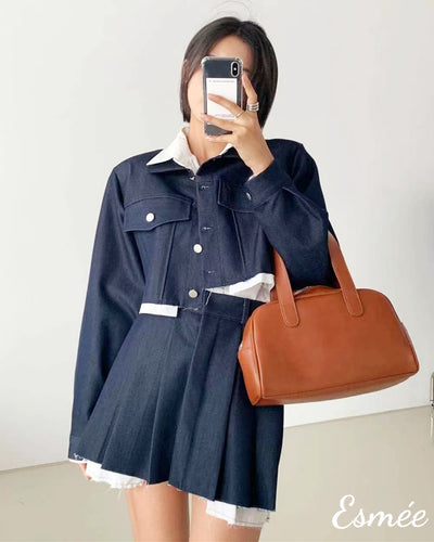 Navy-Korean-Denim-Dress-with-Contrast-Layering-Design-model-shots-1