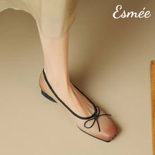 Load image into Gallery viewer, Nude-Leather-Squared-Toe-Ballets-with-Vintage-and-Bow-Knot-Design-model-shots
