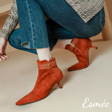 Load image into Gallery viewer, Orange-Red-Suede-Ankle-Boots-with-Leather-Straps-and-Stiletto-model-shots
