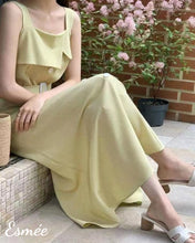 Load image into Gallery viewer, Pale-Yellow-Korean-Cotton-Midi-Dress-with-Belt-and-Layered-Detail-model-shots-1
