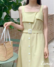 Load image into Gallery viewer, Pale-Yellow-Korean-Cotton-Midi-Dress-with-Belt-and-Layered-Detail-model-shots
