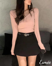 Load image into Gallery viewer, Pink-Korean-Cotton-Long-Sleevse-Top-with-Surplice-Design-model-shots-2
