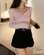 Load image into Gallery viewer, Pink-Korean-Cotton-Long-Sleevse-Top-with-Surplice-Design-model-shots
