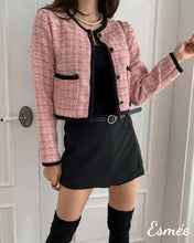 Load image into Gallery viewer, Pink-Korean-Textured-Tweed-Fabrics-Jacket-with-Black-Border-Design-model-shots-1
