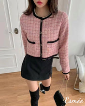 Load image into Gallery viewer, Pink-Korean-Textured-Tweed-Fabrics-Jacket-with-Black-Border-Design-model-shots
